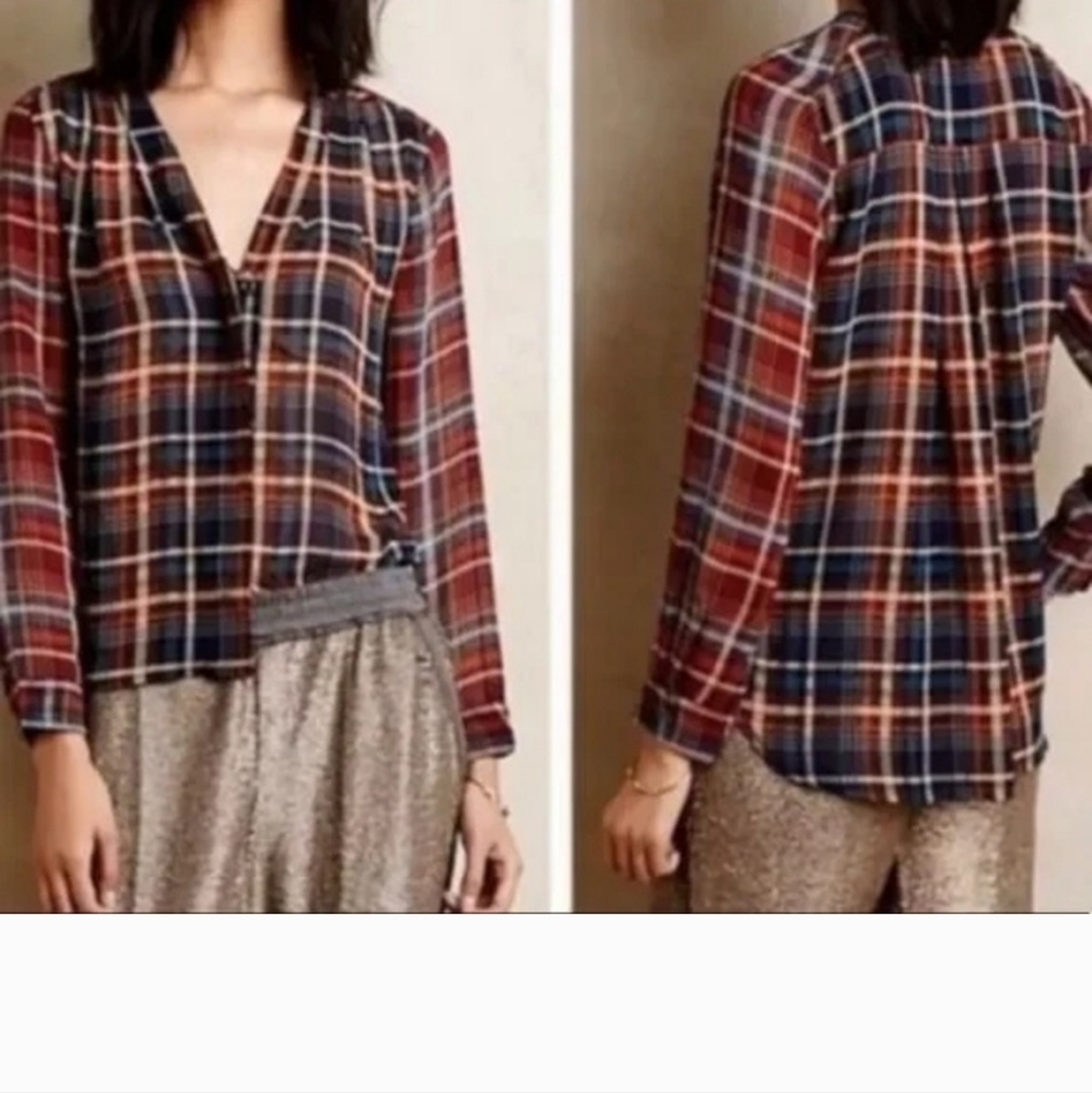 EUC Anthropolgy Maeve Sheer Plaid Button Front Blouse Small